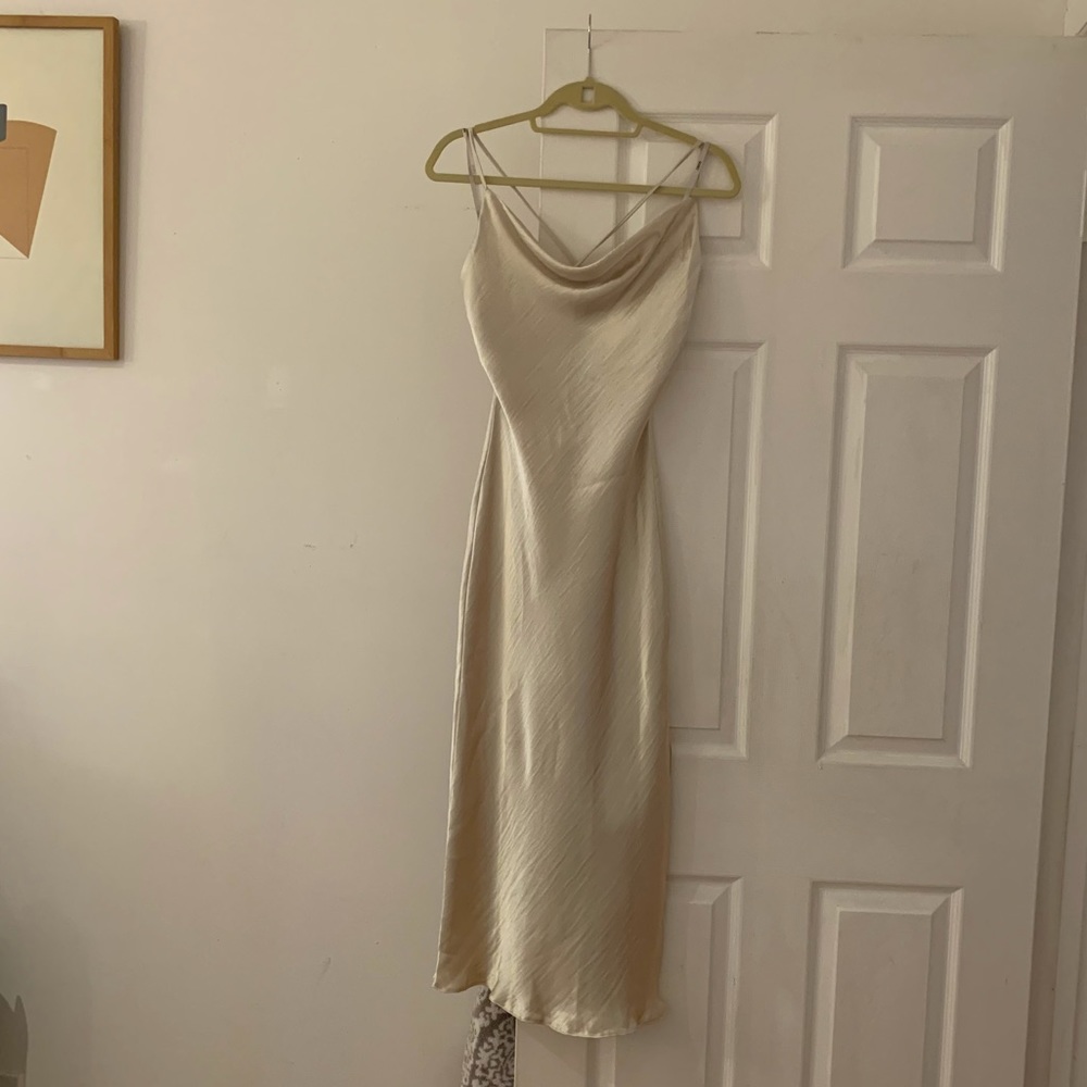 cami midi slip dress ✨ gold satin w/ lace-up back